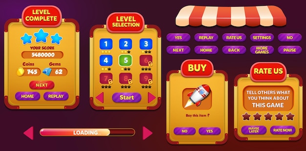 casual game ui kit menus pop up screens and game elements