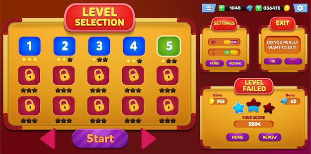 casual game ui kit menus pop up screens and game elements
