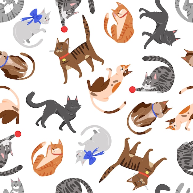 cat animals play seamless pattern cute kitten pet of different breeds funny kitty