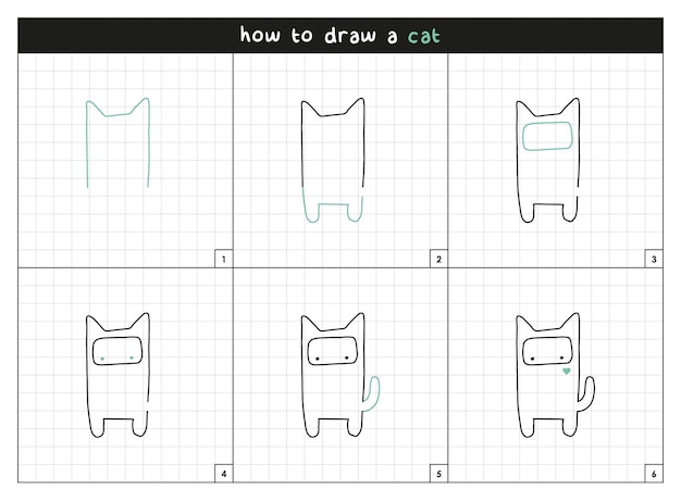cat step by step vector line drawing instructions