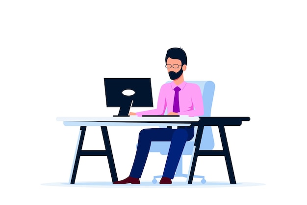 Caucasian business man working on computer at the desk. Flat style.