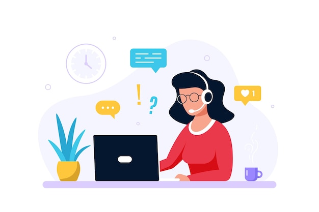 Caucasian woman with with laptop and headphones with microphone. Tech support, assistance, call center and customer service concept. Flat style vector illustration