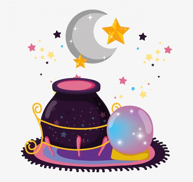 Cauldron with magic crystal ball and moon with stars