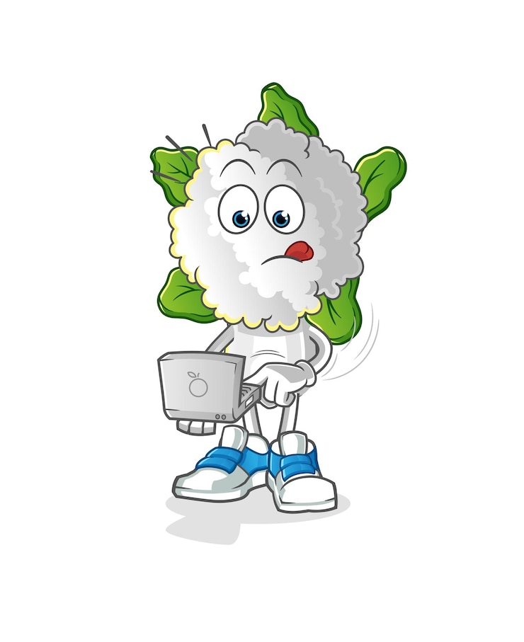 Vektör cauliflower head cartoon with laptop mascot cartoon vector