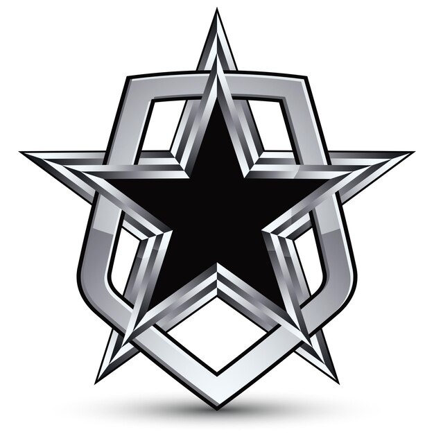 celebrative vector silver emblem with black pentagonal star, 3d royal design element, clear eps 8. dimensional coat of arms isolated on white background.