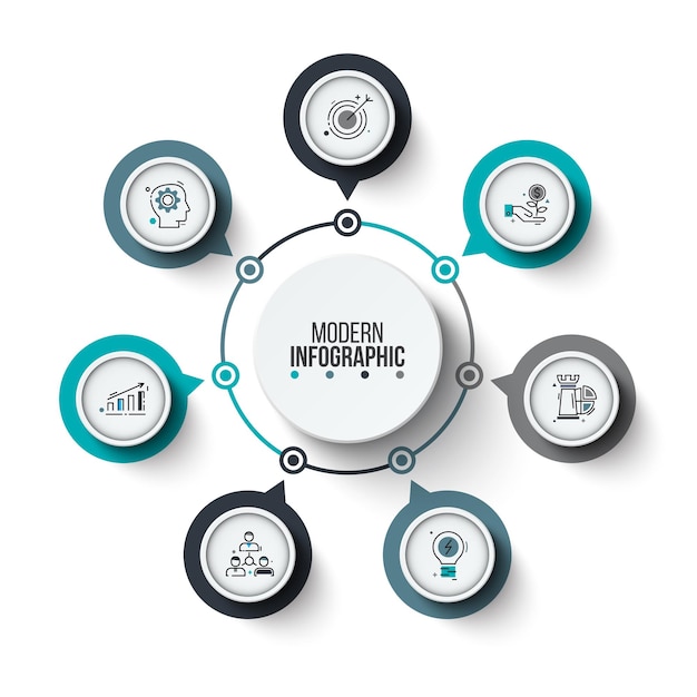 central circle with 7 small circles around it. infographic cycle design template.