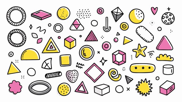 Çeşitli çizilmiş şekillerden oluşan doodle paket seti