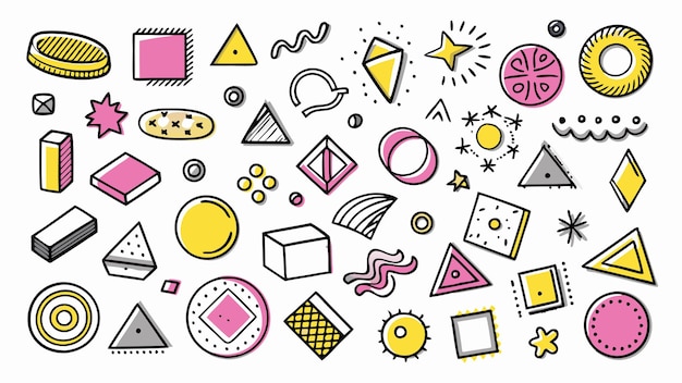 Çeşitli çizilmiş şekillerden oluşan doodle paket seti