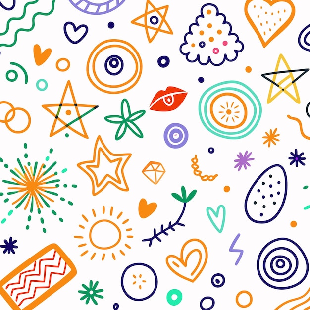 Çeşitli çizilmiş şekillerden oluşan doodle paket seti