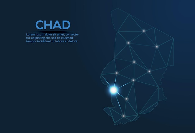 Chad communication network map Vector low poly image of a global map with lights in the form of cities Map in the form of a constellation mute and stars