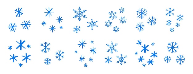 chalk pencil drawing blue snowflakes set Snowflake doodle hand drawn cute style elements Winter or Christmas concept