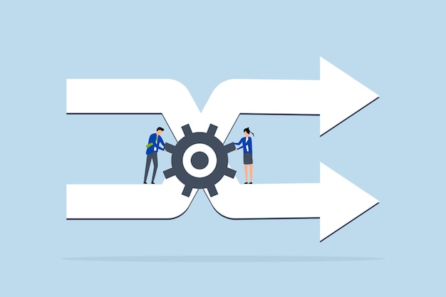 Change management businessman staff team helps turn gear to control arrows of change of direction