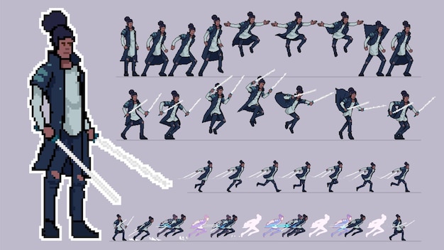 characte pixelart animation sprite sheet ready to use walk cycle run hit sword black guy cape