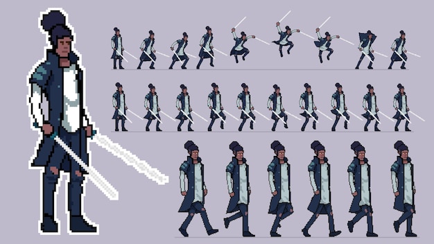 character pixel art animation sprite sheet ready to use walk cycle run hit sword black guy cape