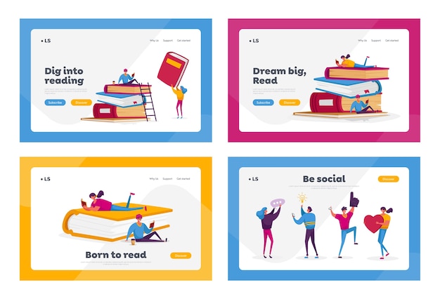 Characters Reading Hobby, Social Media Communication Landing Page Template Set.