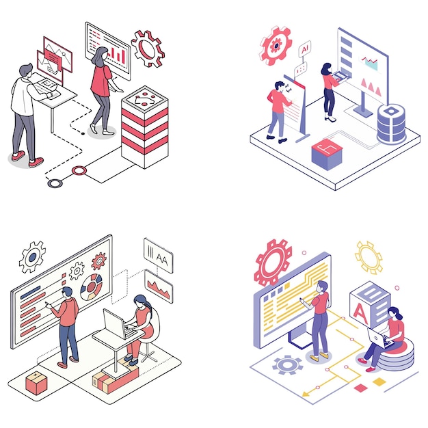 Characters working with generative AI model tools Deep learning artificial intelligence algorithm
