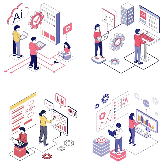 Characters working with generative AI model tools Deep learning artificial intelligence algorithm