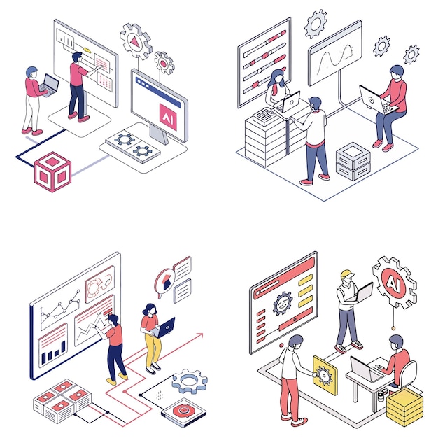 Characters working with generative AI model tools Deep learning artificial intelligence algorithm
