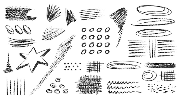 charcoal pencil hand drawing curly lines splash squiggles and shapes black elements on white background grunge chalk crayon scribbles doodles textures rough crayon strokes vector illustration