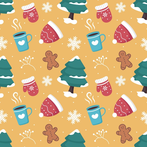 Charming Winter Seamless Pattern Design Featuring Decorative Elements in a Hand Drawn Illustration