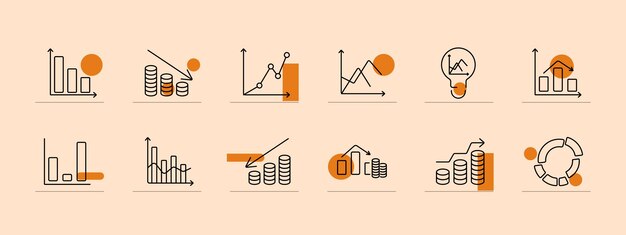 Chart set icon Bar chart coins house graph line graph idea bulb circle chart Financial growth decline statistics investment analysis economic trends concept