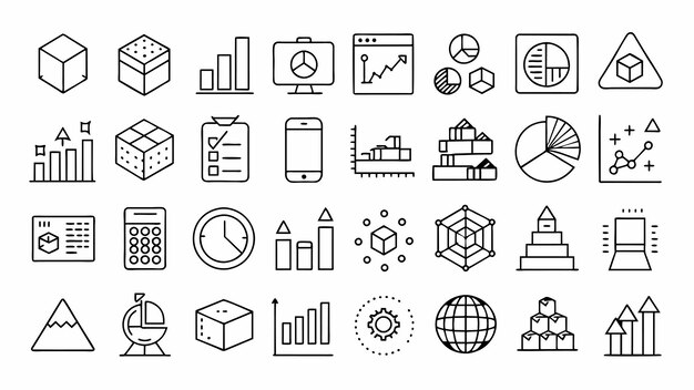 Charts and Diagrams line icons Report 3D Chart Block diagram and Dot Plot graph linear icons Trend Pyramid and Pie chart report symbols Presentation infochart process flow diagram