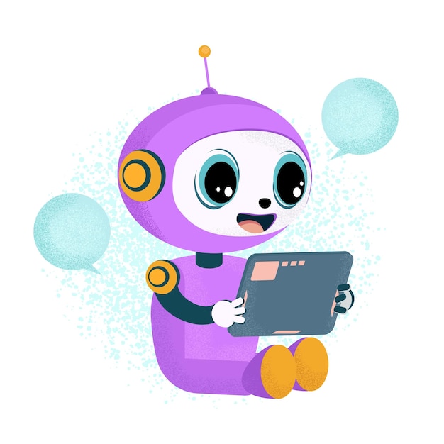 Chat bot robot assistant with tablet responds to messages Vector illustration