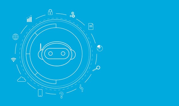 Chat bot robot character with circle hologram Network interface Artificial intelligence technology Digital machinery Virtual globe with various icons Futuristic innovation Vector illustration