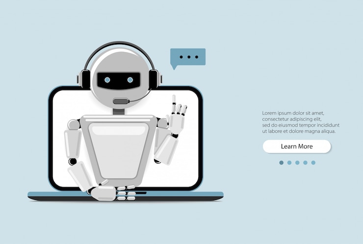 Vektor chat bot using laptop computer, robot virtual assistance of website or mobile applications. voice support service bot. online support bot.