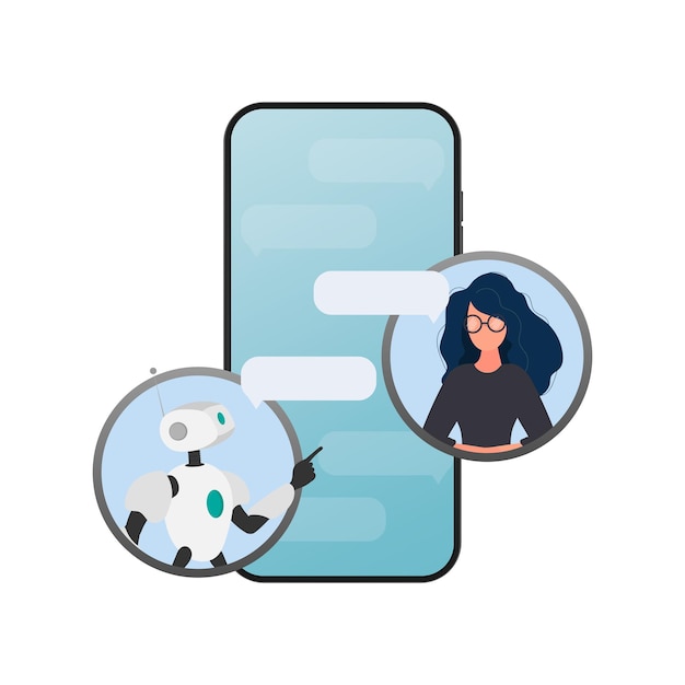 Chat icon. A robot in dialogue with a girl. Suitable for apps, sites and topics related to automatic replies and artificial intelligence. Vector.
