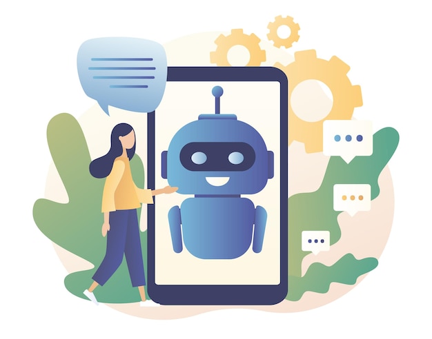 chatbot ai robot assistant online customer support tiny girl chatting with chatbot application