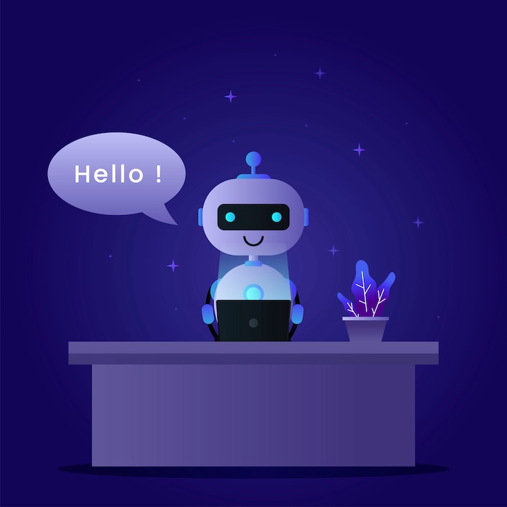 Vektor chatbot concept background with a robot operating a laptop