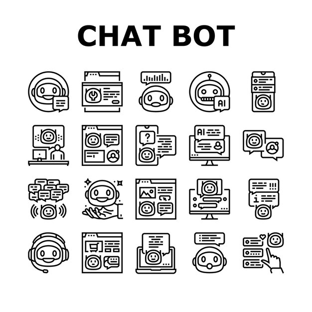 Chatbot, robot, service, online, ikoner, set, vektor