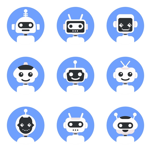 Chatbot symbol, logo template. Robot icon set. Bot sign design. Modern vector flat style cartoon character illustration.