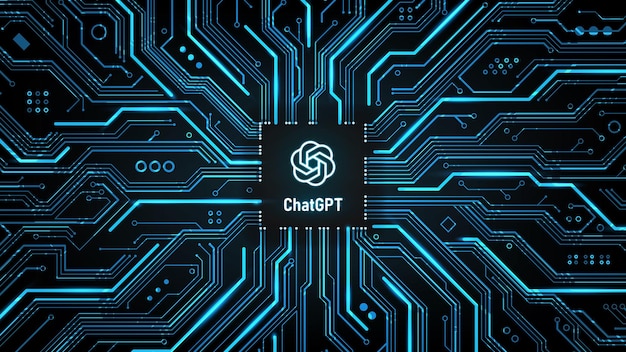chatgpt conversation method illustrations. artificial intelligence chatbot logo on circuit board.