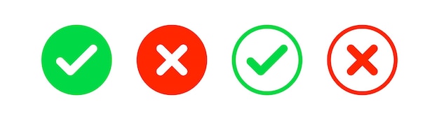 Check mark icon Tick x signs Cancel symbol Close symbols Wrong correct ok yes no in circle icons Green red color Vector sign