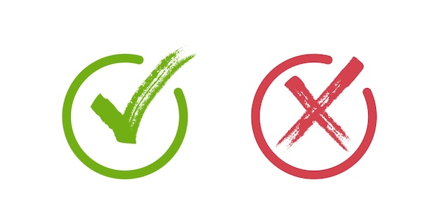 Check mark icons tick and cross in grunge style Hand drawn with brush