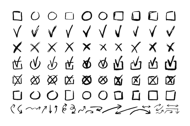 Check marks doodle black line element set tick and a cross empty thin box and arrow sign grunge hand