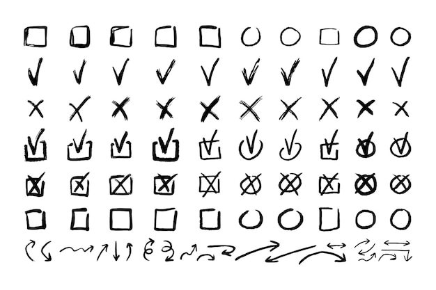 Check marks doodle black line element set tick and a cross empty thin box and arrow sign grunge hand