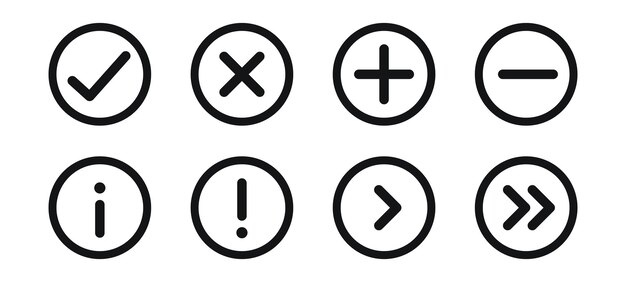 Check uncheck plus minus forward exclamation information icons set