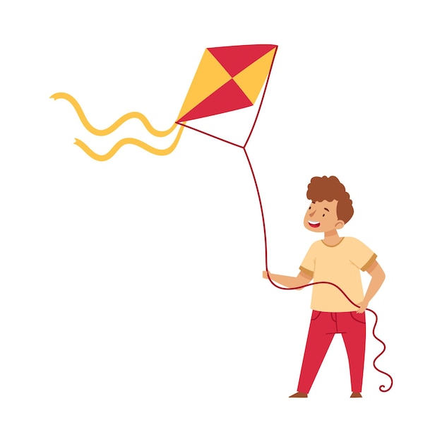 Cheerful Boy Playing with Flying Paper Kite Vector Illustration
