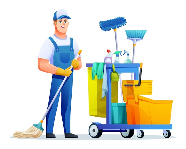 Cheerful cleaning man with mop and cleaning equipment Male janitor cartoon character