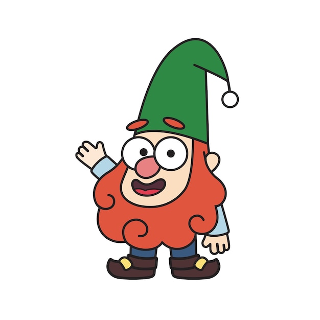 Cheerful little garden gnome is waving hand vector illustration in cartoon style