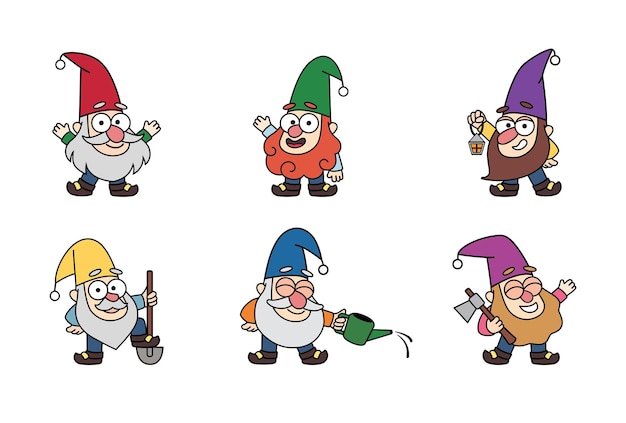 Cheerful little garden gnomes set in cartoon style. Colorful vector fairytale kids illustration.
