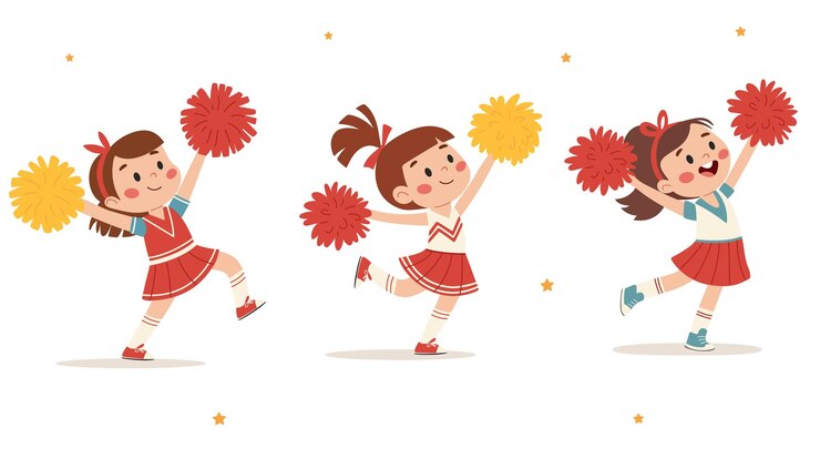 Cheerleaders with pompoms set Cartoon isolated young cute girls in uniform cheer Cheerleading sp