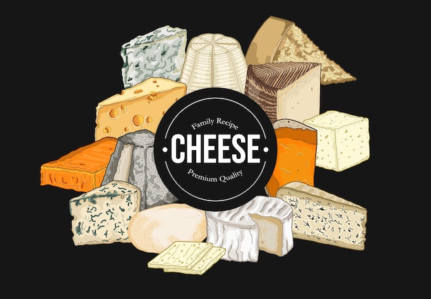 Cheese Horizontal Banner Collection Colorful Vector Illustration Set with badge