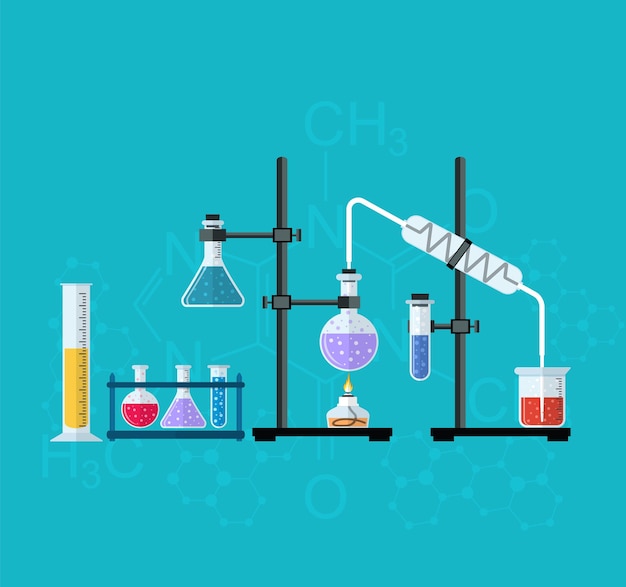 Chemistry laboratory workspace and science equipment concept. The chemical background, banner, cover. Science, education, chemistry, experiment, laboratory concept. vector illustration in flat design