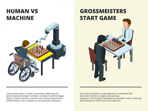 Chess game banners. Gamers playing at board tactical game various figures rook knight queen intellectual competition  isometric