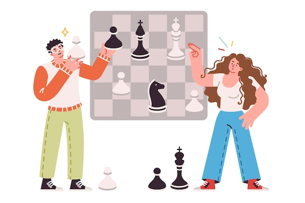 Chess game between man and woman symbolizes team strategic planning of business processes