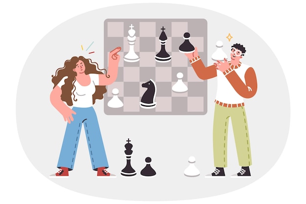Chess game between man and woman symbolizes team strategic planning of business processes